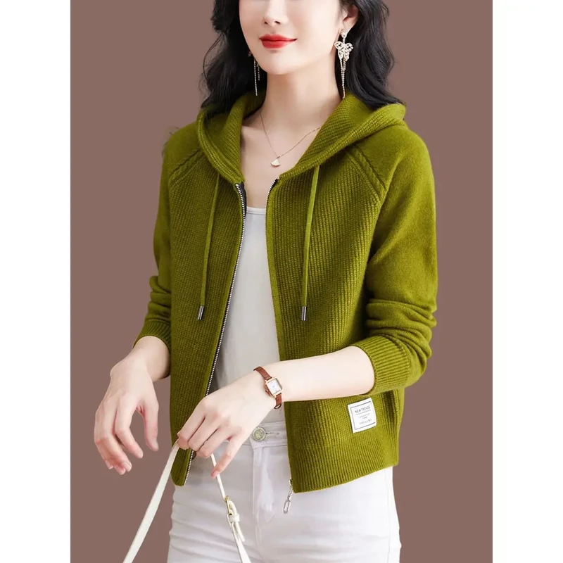 新款连帽针织衫开衫女短款春秋带帽卫衣外搭上衣拉链高腰毛衣外套