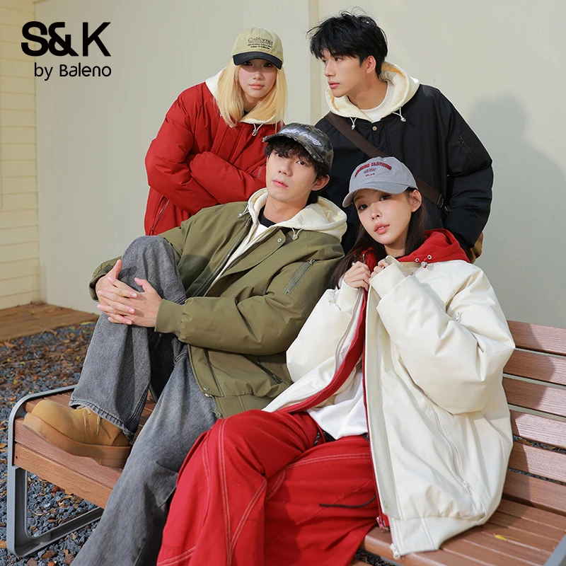 班尼路S&K秋冬季加厚保暖棉衣假两件棉服男女同款防泼水连帽外套