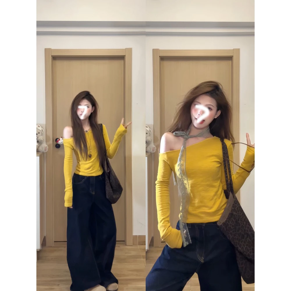 美式辣妹黄色紧身长袖t恤女早春新款修身显瘦收腰上衣