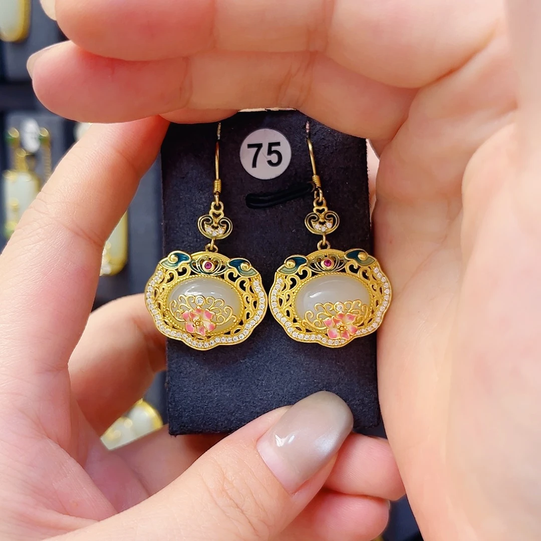 和田玉银S925镀金镶嵌耳饰