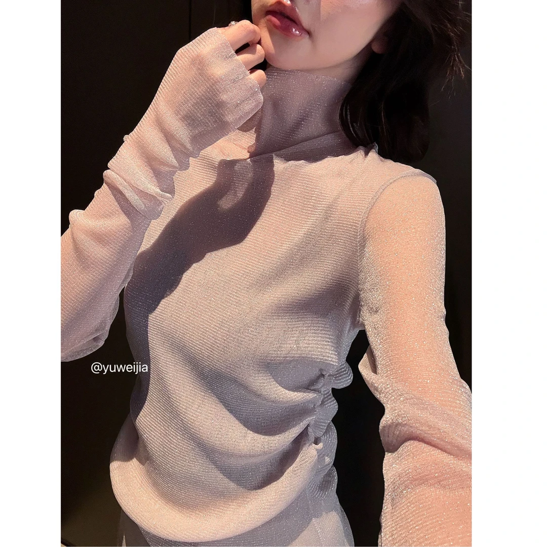 『GTYU』BINGBING闪闪不扎人 小高领内搭网纱 打底衫女长袖T 3305