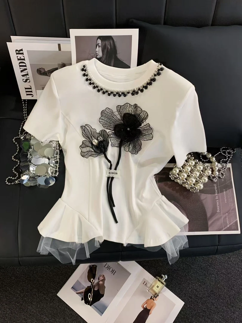 ZHOUYI/周一 2025夏季白色圆领百搭上衣蕾丝花卉T恤时尚短袖女