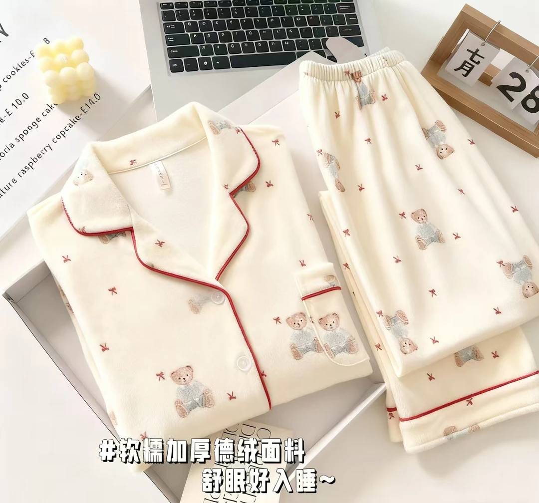德绒保暖睡衣女加厚加绒翻领甜美家居服奶茶色小熊