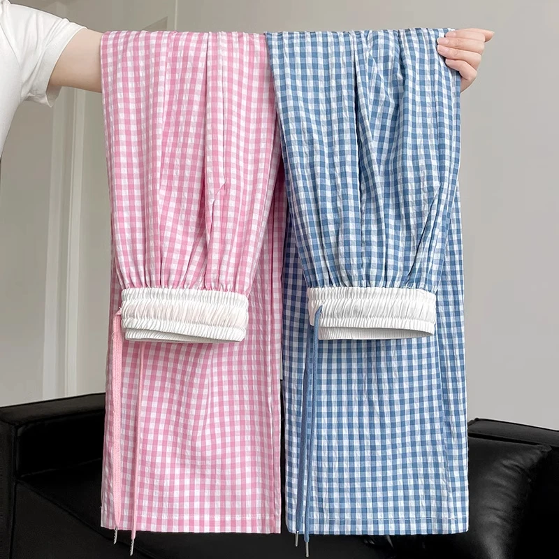 蓝色格子裤女夏季2025新款高腰拼接直筒裤休闲垂感显瘦遛弯阔腿裤