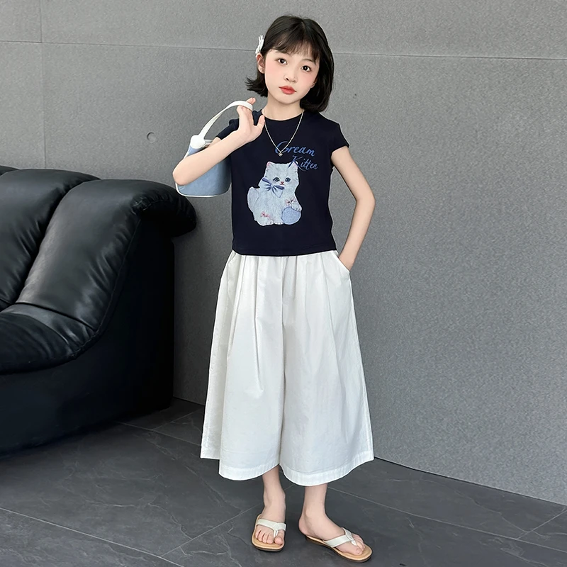 女童夏季套装2025新款洋气大童网红短袖夏装儿童七分阔腿裤两件套