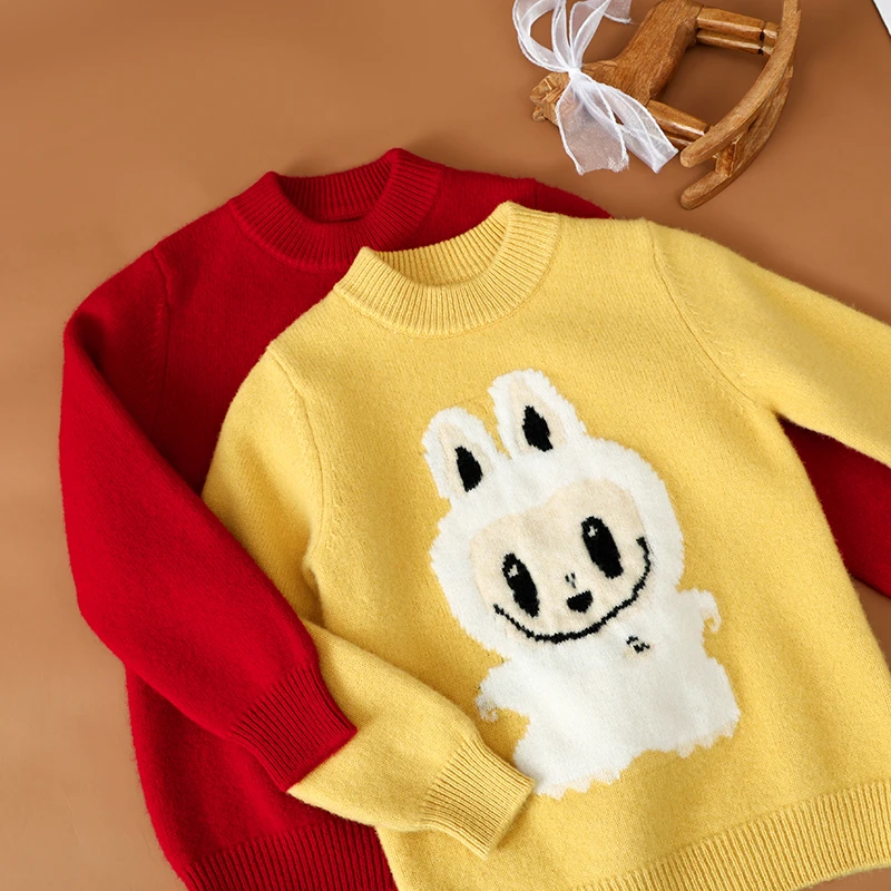 【提花bubu】100%纯羊毛衫男女童卡通la保暖针织打底衫儿童加厚毛衣