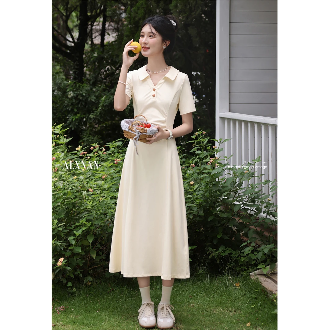 鹿向南「浮云月下」法式气质POLO领短袖连衣裙女收腰长裙QYM002555