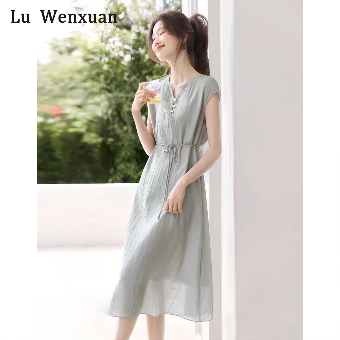 璐雯璇轻奢高级感气质亚麻连衣裙女夏季小个子A字版型休闲慵懒风