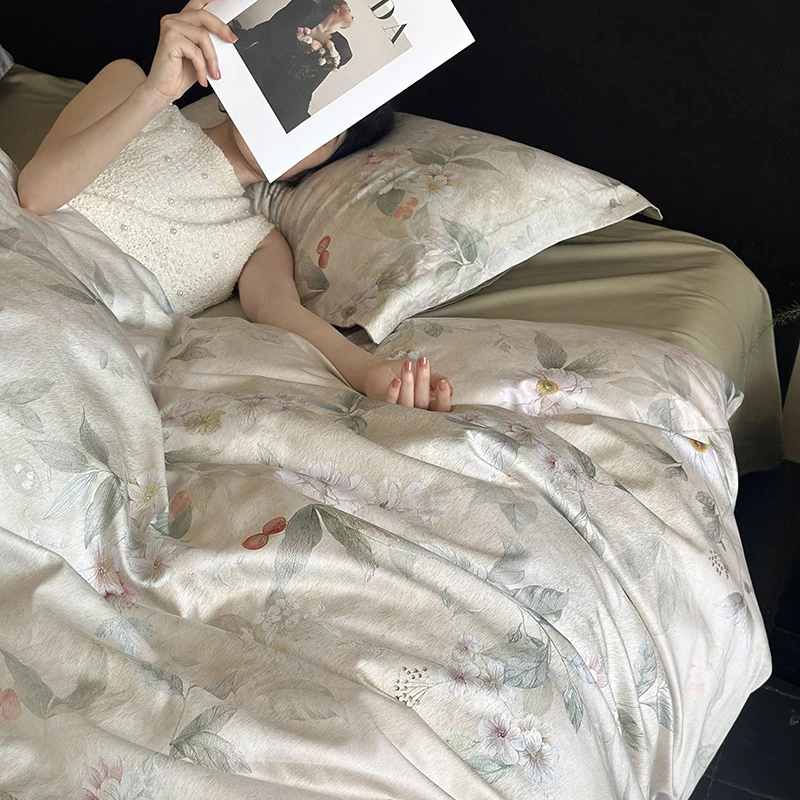 100S高支全棉贡缎长绒棉四件套中式花卉纯棉床品新中式被套床单