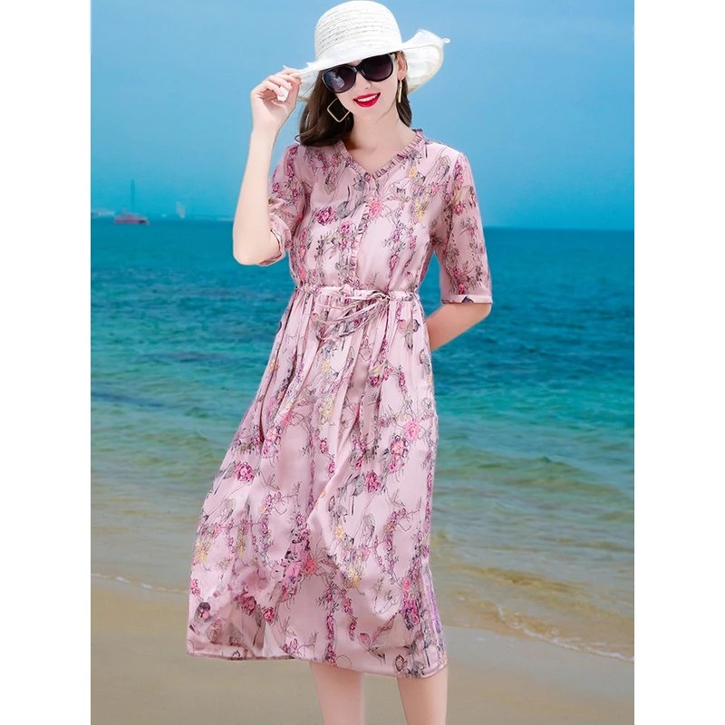 真丝桑蚕丝连衣裙女短袖2025新款印花裙气质淑女风高腰长裙-1135