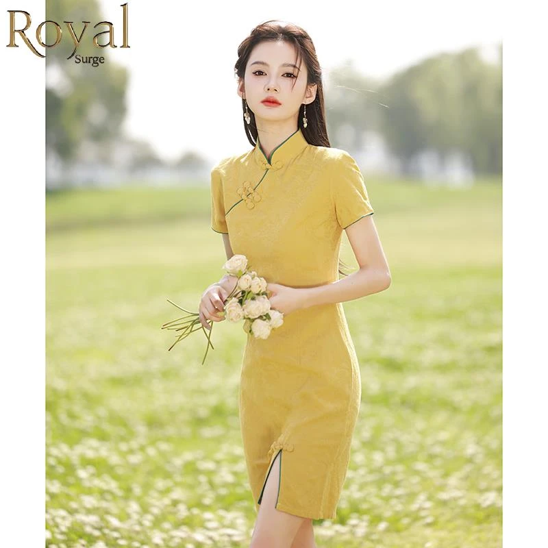 旗袍改良年轻款少女新中式黄色棉质连衣裙淡雅小清新短款夏季高考