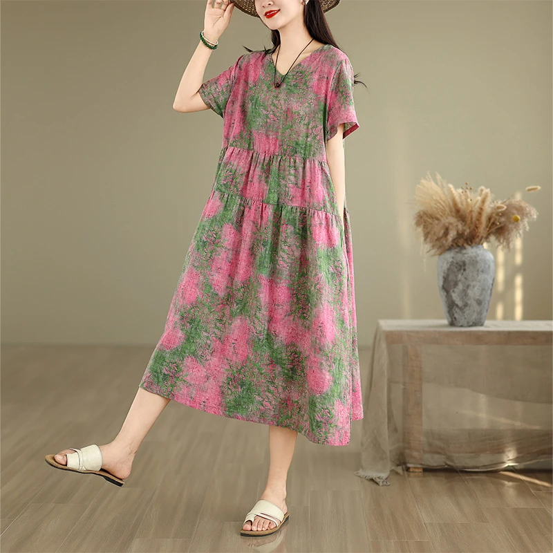 2025夏季时尚新款亚麻印花短袖连衣裙宽松显瘦复古V领A型裙子女