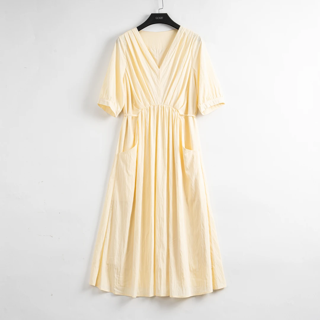 杏色气质V领百搭连衣裙-21047