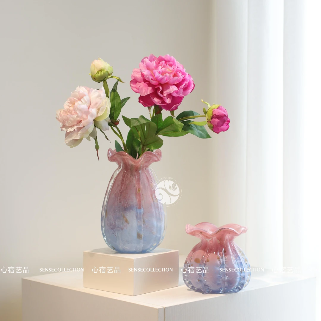 【钱袋子】蓝粉渐变琉璃荷包花瓶ins风网红花瓶可水培插花客厅装饰