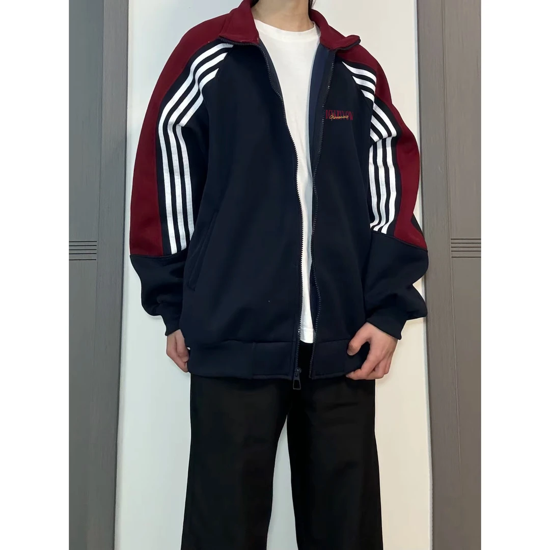 美式花纹皇冠印花立领拼接三条杠开衫外套男女秋冬季宽松休闲卫衣