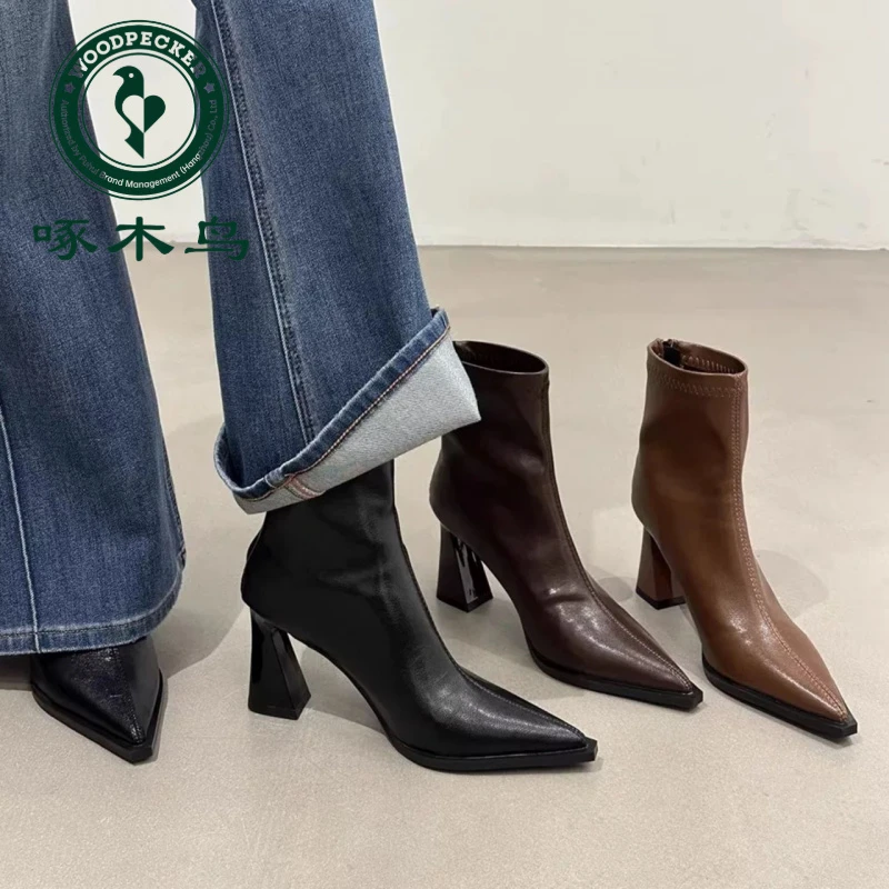 啄木鸟高跟短靴女秋冬2025新款高级感气质粗跟尖头阔腿裤必备鞋女