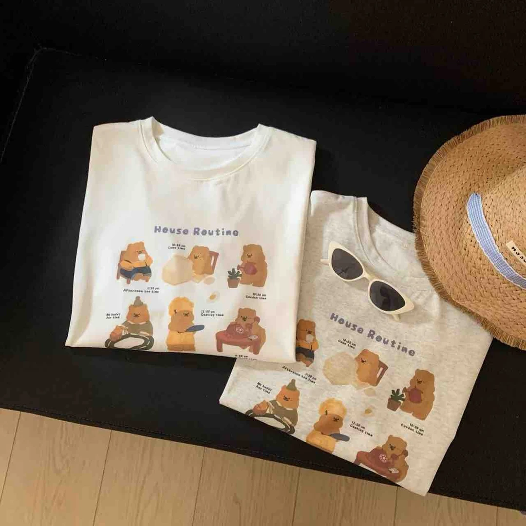 大版九只小熊白色短袖ins夏季宽松半袖夏款韩版夏装休闲圆领印花