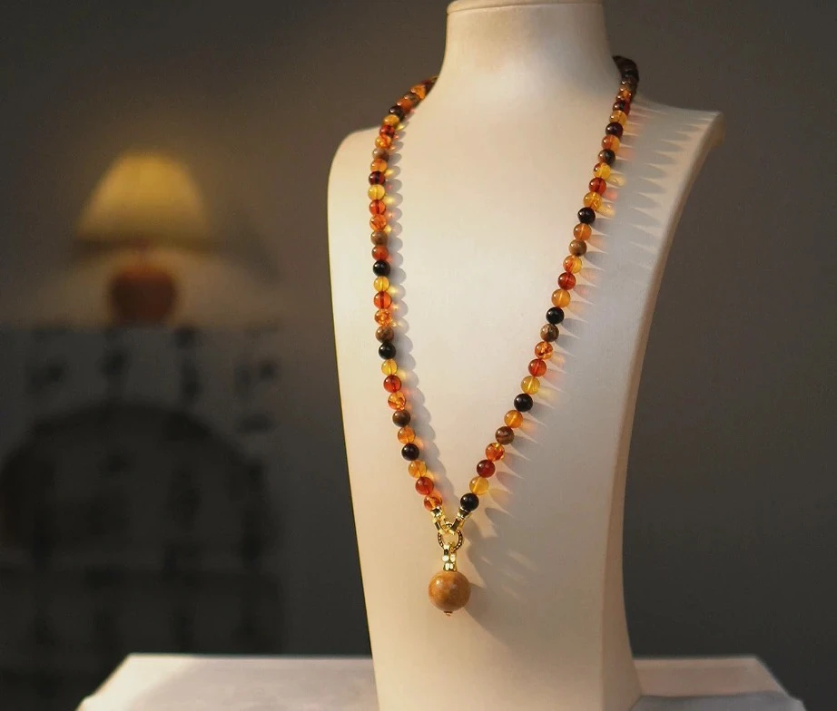 天然珠宝-多宝项链根珀大珠血珀翳珀根珀花珀紫罗兰圆珠项链