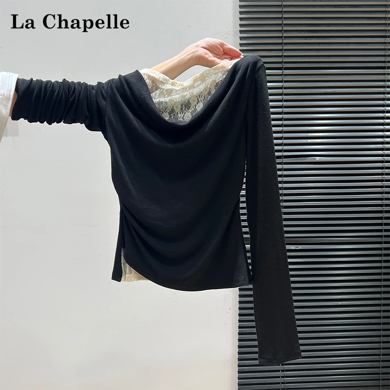 拉夏贝尔韩系一字肩荡领假两件蕾丝设计长袖T恤女性感辣妹秋上衣