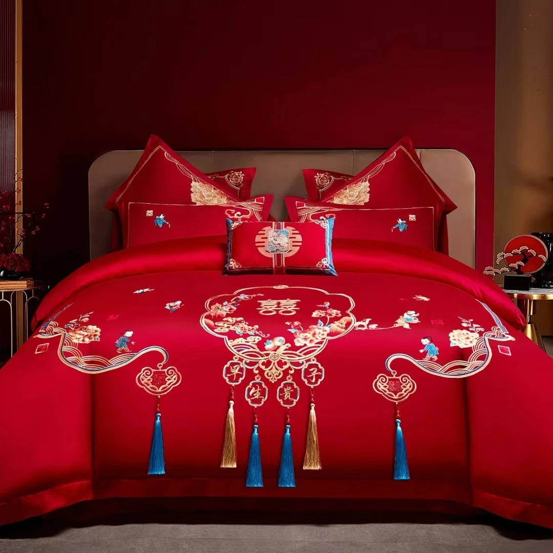 花嫁喜铺【早生贵子】百子刺绣四件套大红色结婚婚庆用品
