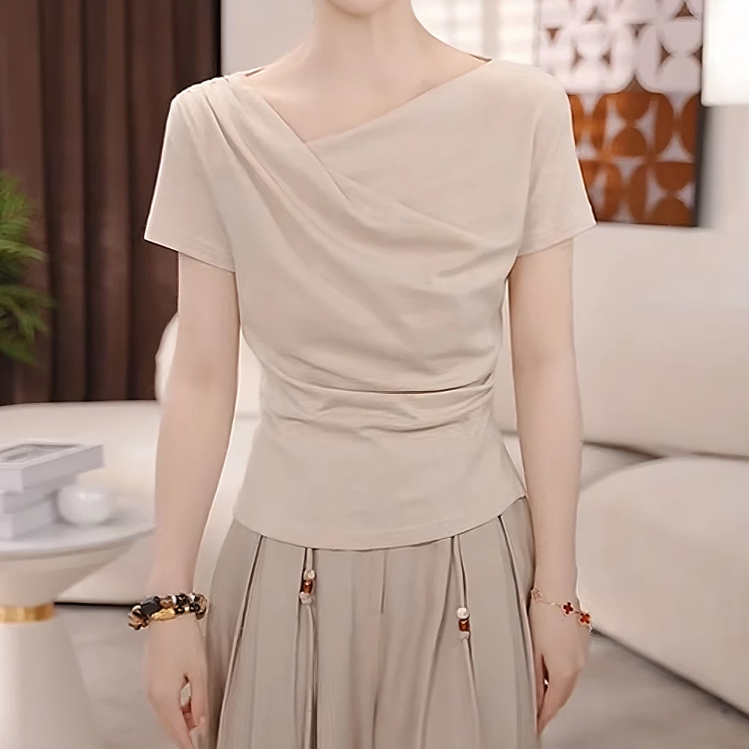 【午茶小调】设计感短袖T恤女2025早春新款修身显瘦纯色打底衫上衣