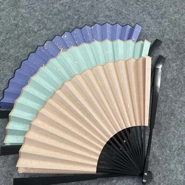 问纸楼·95寸黑竹高货宣纸折扇彩麻金箔扇面半生熟