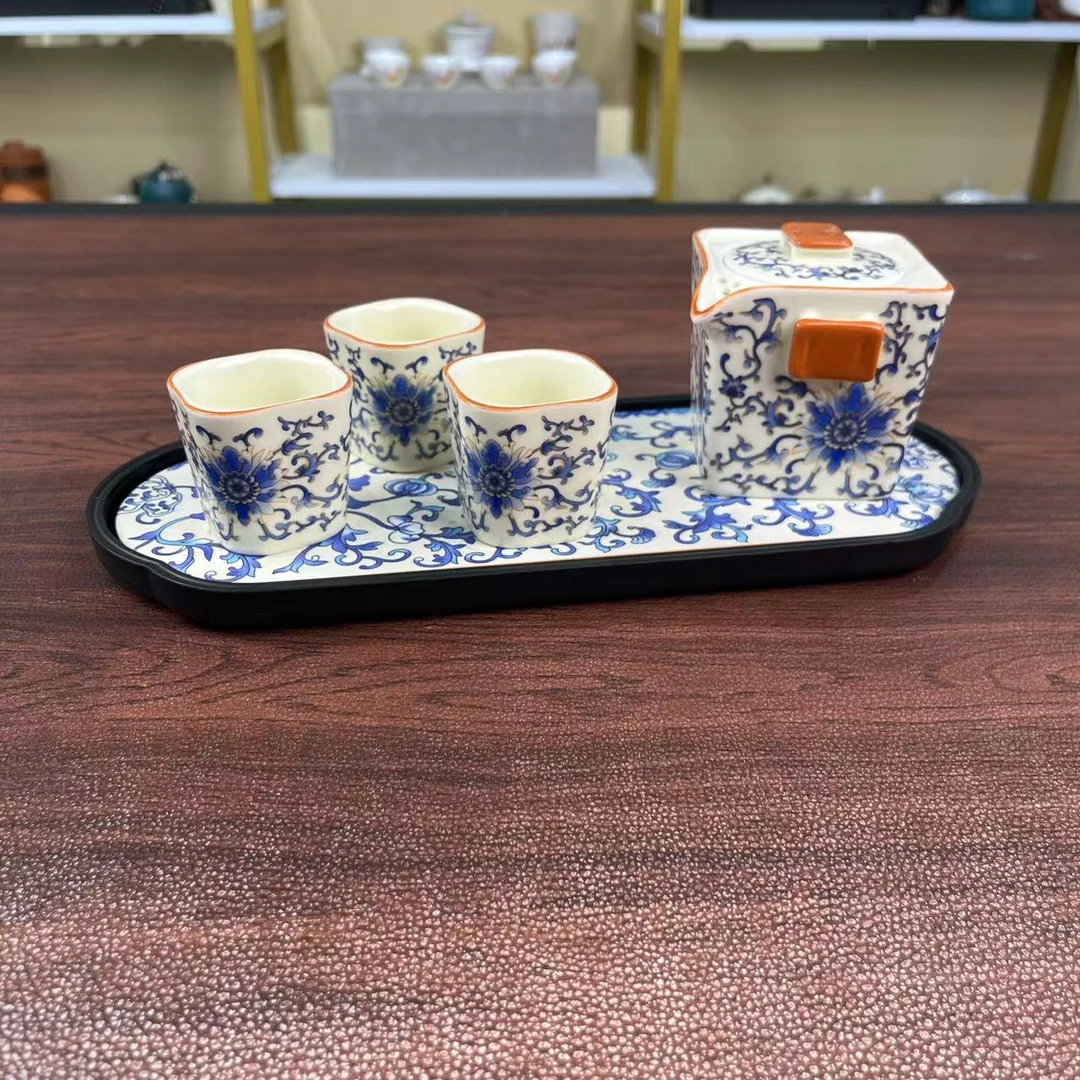 Z3313汝窑缠枝莲方形手抓壶带三杯干泡盘功夫茶具适合户外家用