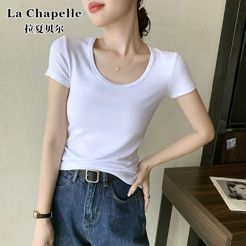 拉夏贝尔TL0434#螺纹圆领短袖t恤女2025夏季针织修身显瘦薄款上衣