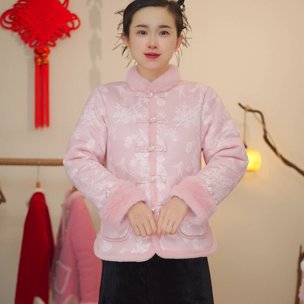 喜上眉梢皮绒冬季保暖复古中国风高级正襟盘扣加绒加厚时尚女棉服