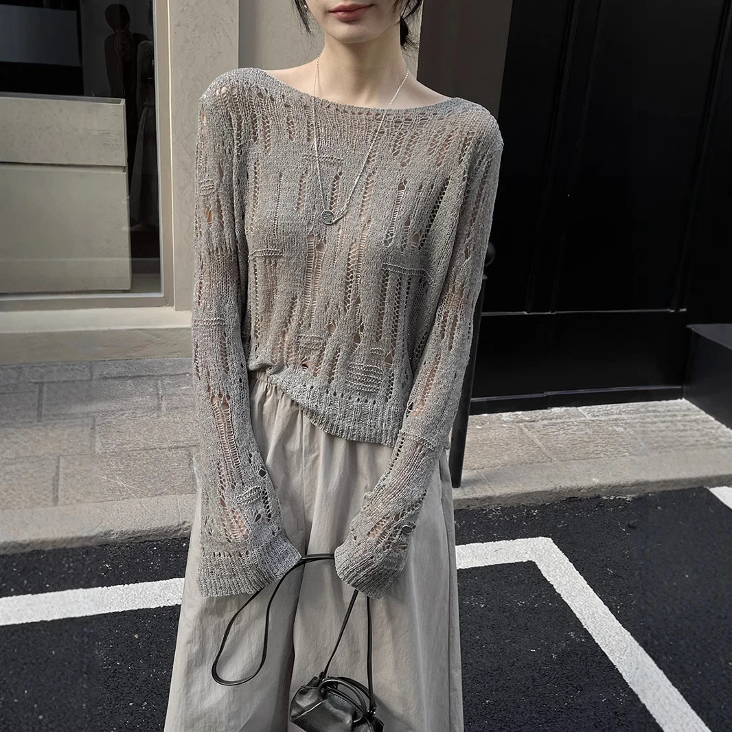 GRACETINAHOO早春上新简约ROW风镂空一字领针织衫十三行2025女