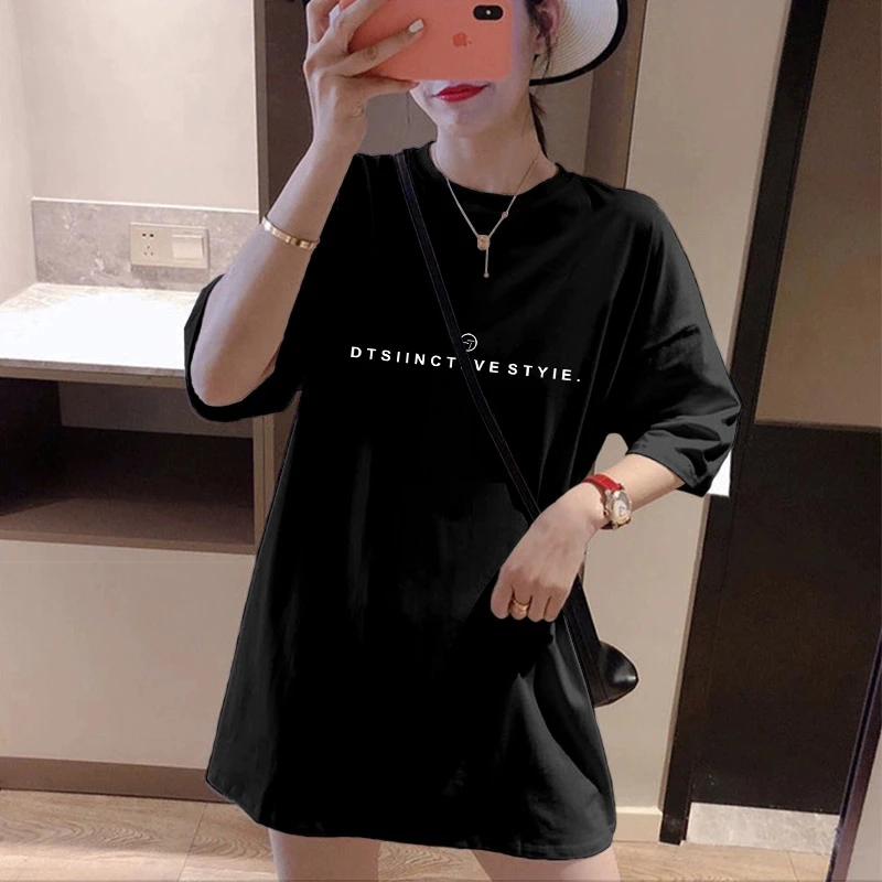 2025新款圆领短袖t恤女春夏秋冬季宽松中长款遮屁股打底衫上衣潮