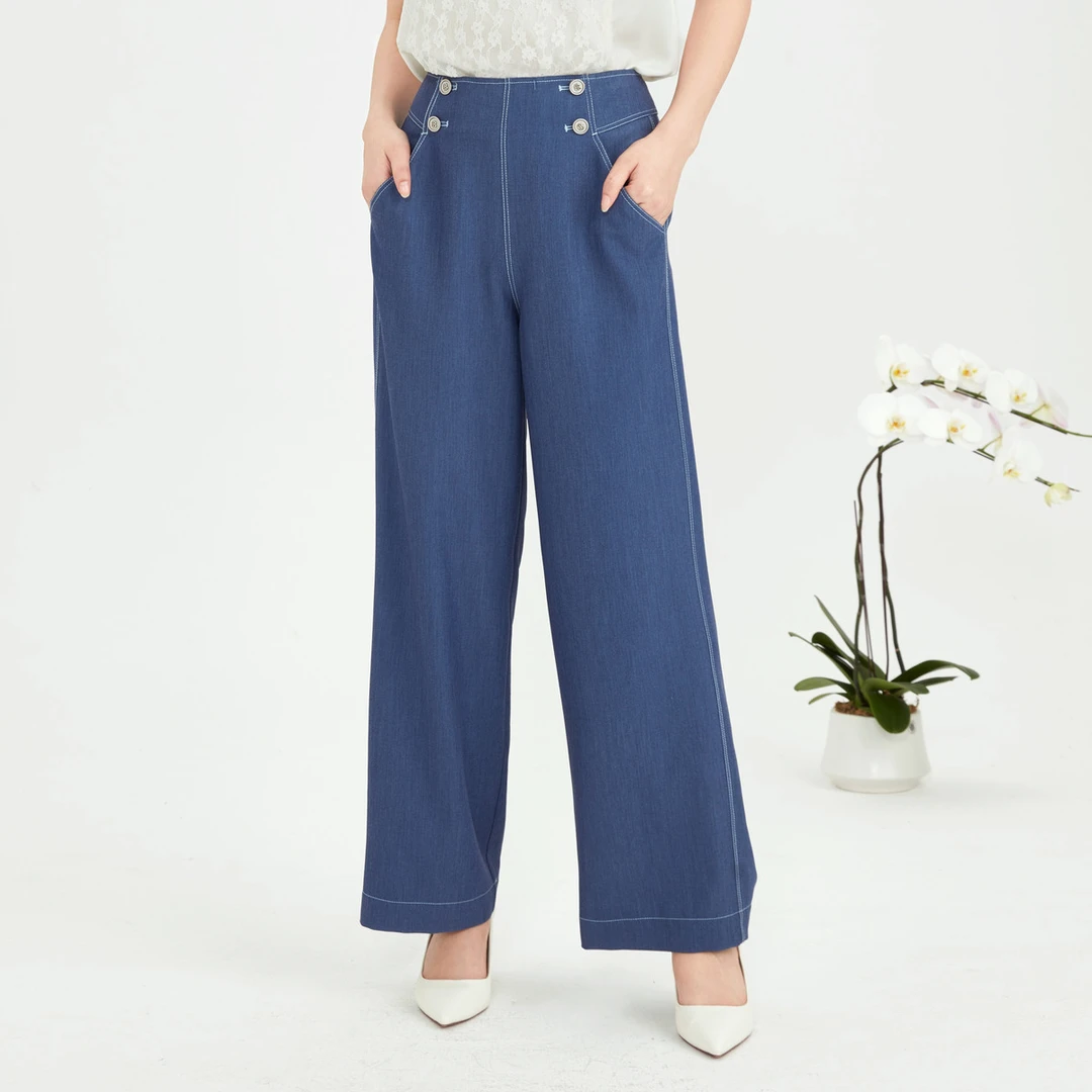 BuouBuou新款法式撞色压线仿天丝直筒牛仔裤女DKCD005