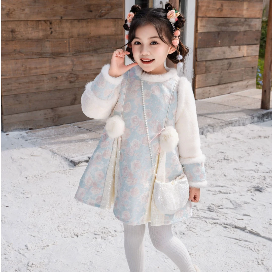 ***玫瑰夹棉连衣裙秋冬款小女孩