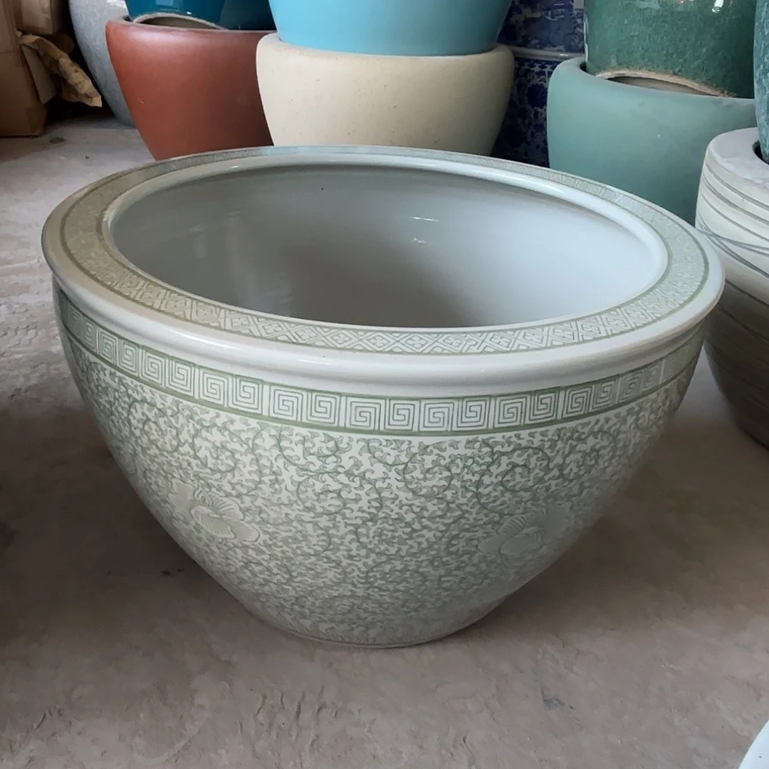 缸正品60陶瓷缸青勾莲