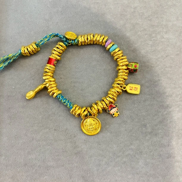 足金【手编盘缠手串】真金足金黄金彩色编绳可爱古法圣诞素款金手串