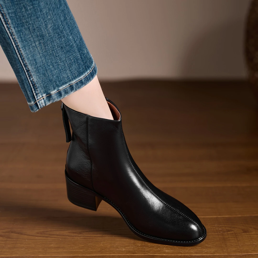 小个子手工女鞋5cm~圆头后拉链粗跟短靴女舒适百搭马丁靴骑士靴