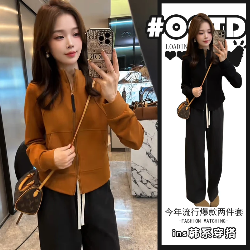 2025秋冬时尚百搭纯色宽松开衫外套高腰休闲裤韩系宽松气质套装潮