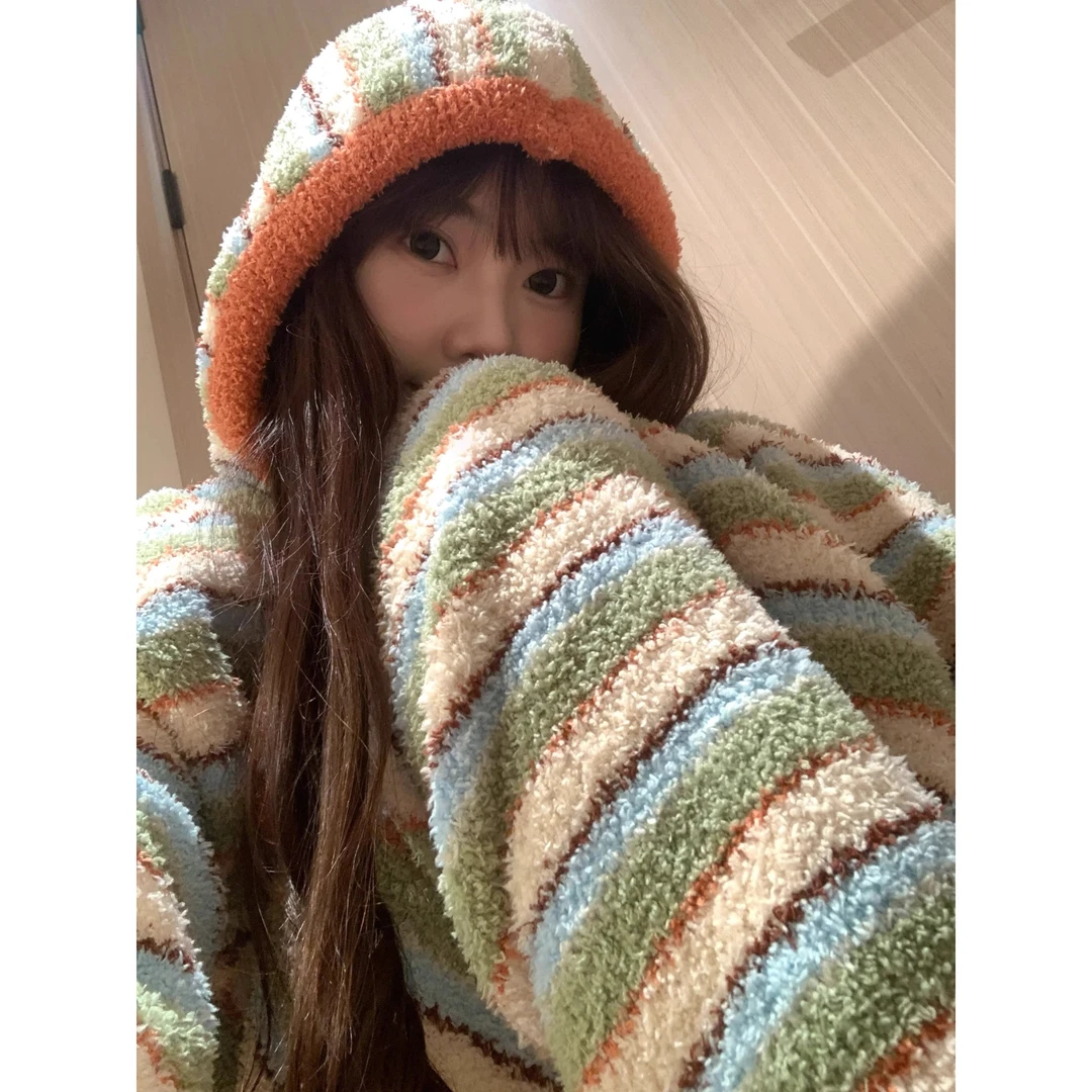 【DMXJ大梦想家】韩版连帽半边绒睡衣女冬季新款针织家居服保暖套装