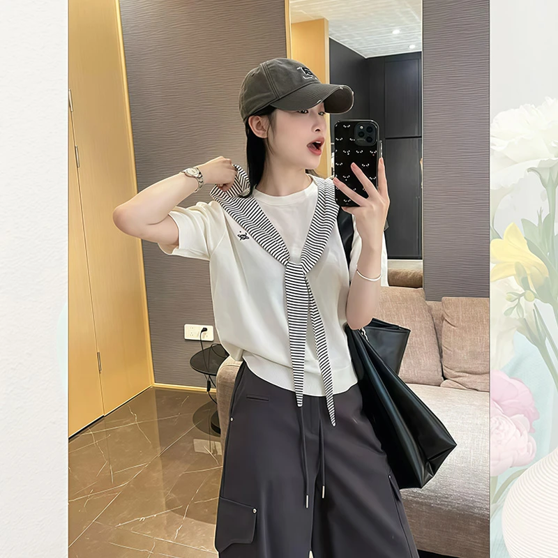 韩版黑白条纹显瘦短袖正肩t恤女夏小个子冰丝针织配披肩两件套装