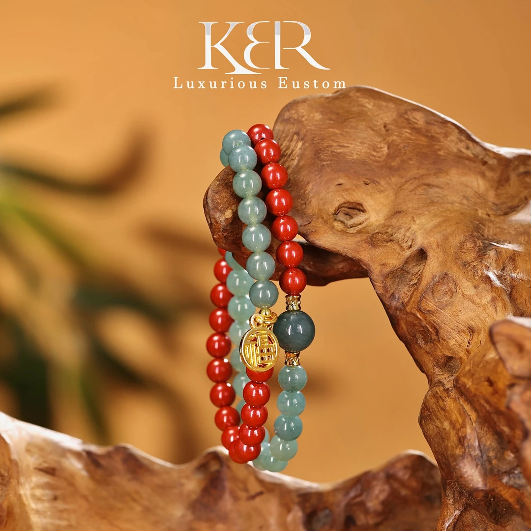 高定设计款天然A货翡翠朱砂双圈手串百搭款简约时尚 KBR0206001