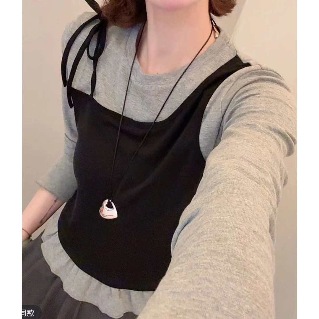 不规则拼接假两件长袖t恤女2025新款早秋设计感小众减龄洋气上衣