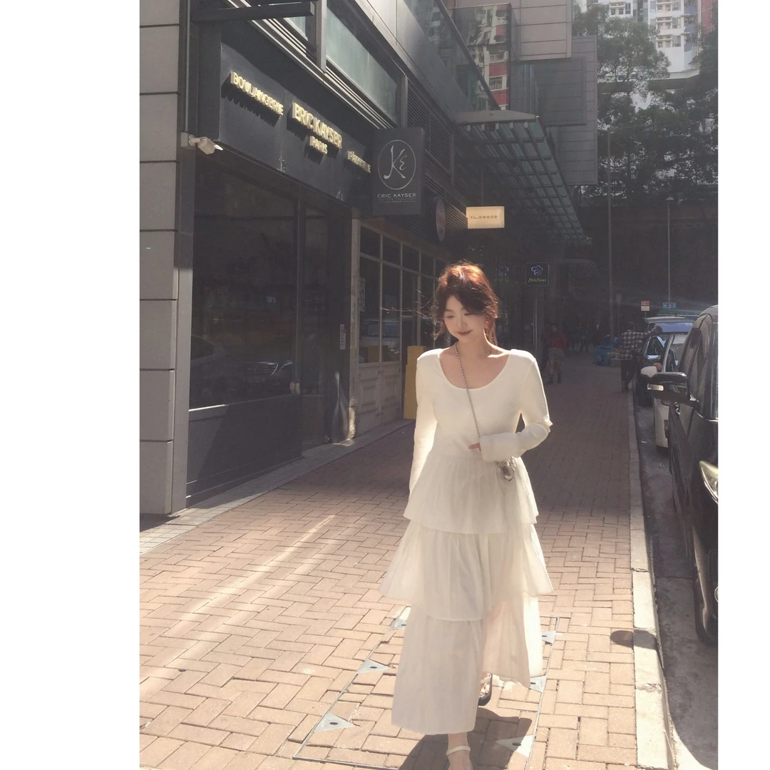 晶咕【初春圆舞曲】大U领纯色长袖高腰显瘦蓬蓬感蛋糕连衣裙