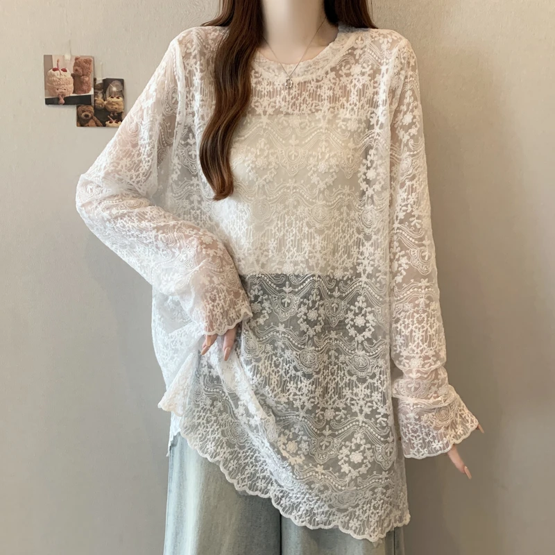 实拍~胖mm大码设计感镂空蕾丝上衣宽松显瘦遮肚子圆领套头长袖T恤