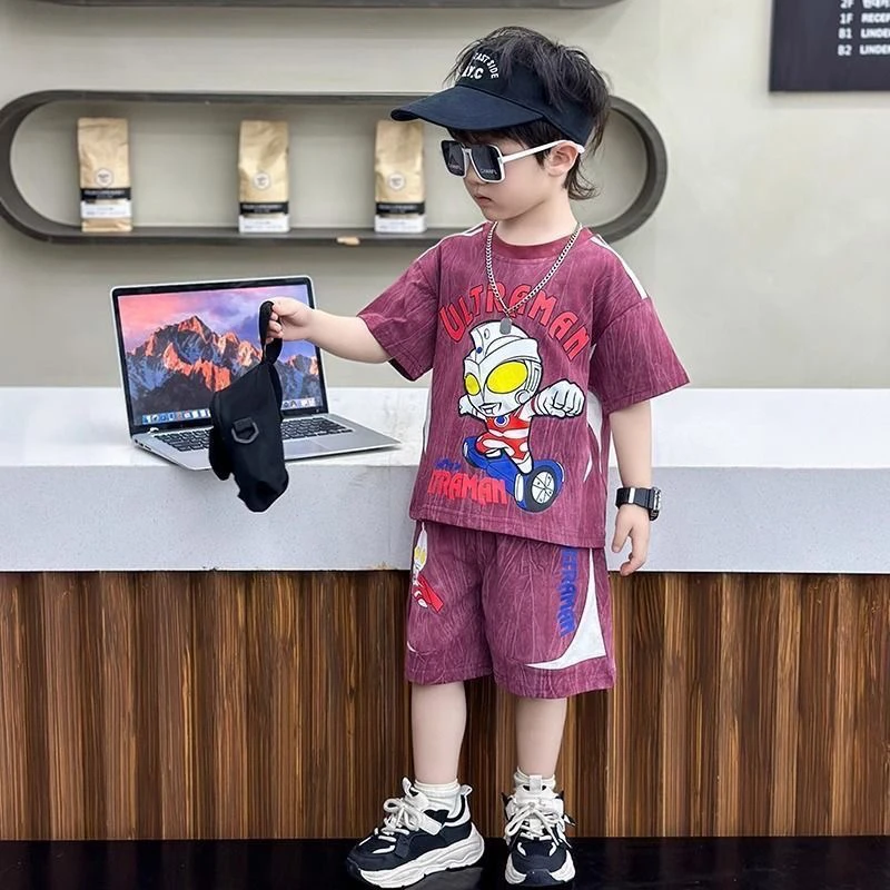 男童奥特曼套装短袖男孩2025新款童装洋气儿童夏季夏装帅气潮红色