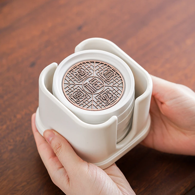 远舍圆形白色茶杯垫茶杯托隔热垫五福临门六个装带框杯垫茶具配件