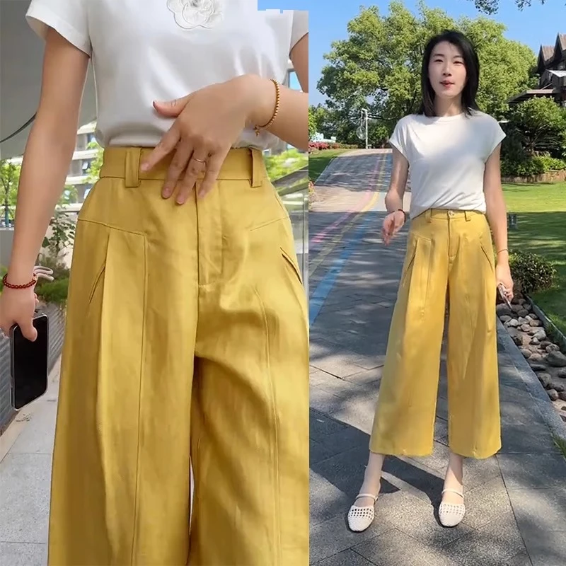 天丝亚麻休闲裤女新款2025年夏季薄款后松紧腰抗皱阔腿直筒八分裤