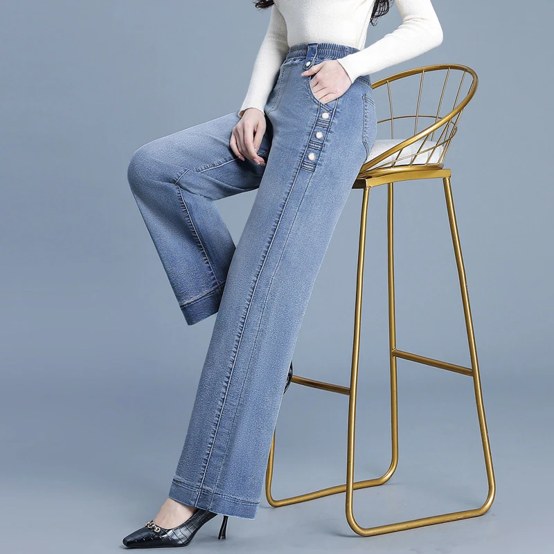 春秋新款中老年高腰阔腿牛仔裤女宽松大码直筒裤妈妈长裤中年裤子
