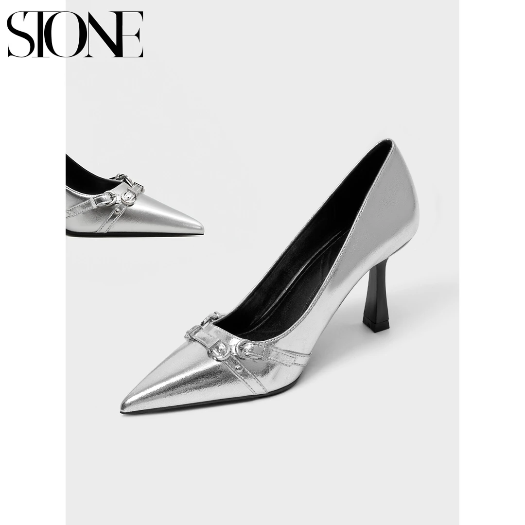 石头家 银色高跟鞋女性感尖头浅口细跟单鞋2025年新款皮带扣女鞋