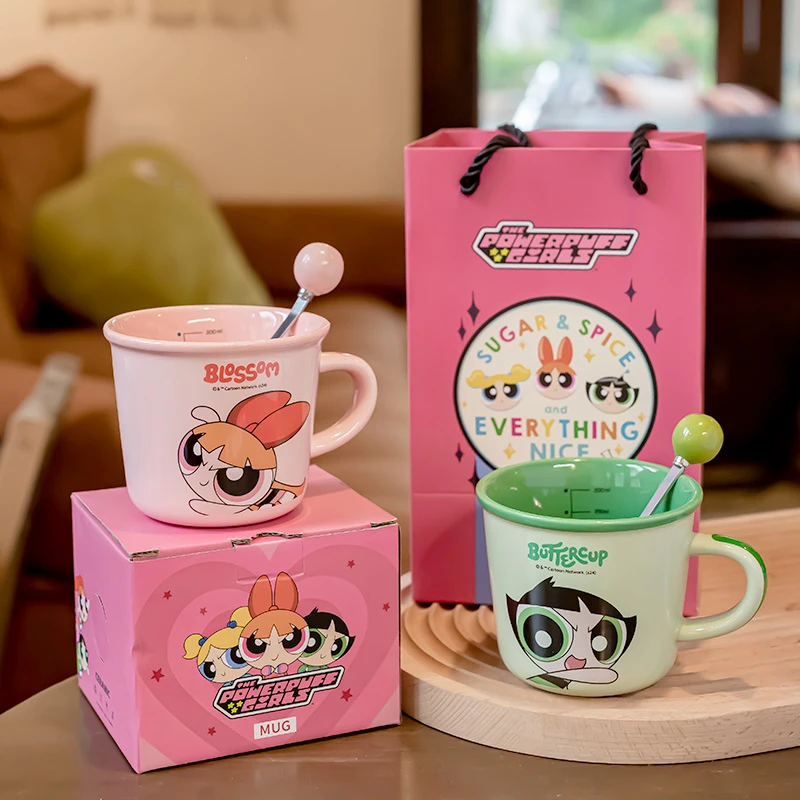 飞天小女警刻度杯子可爱情侣陶瓷马克杯儿童家用喝水杯牛奶早