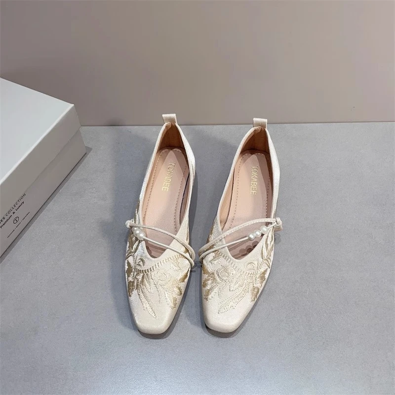 ZaSaFran优雅气质杏色绸缎面粗跟单鞋女复古新中式旗袍鞋低跟女鞋